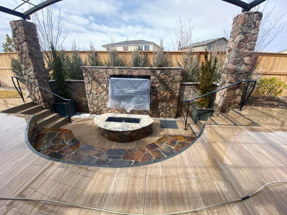Stone patio and fire pit after cleaning